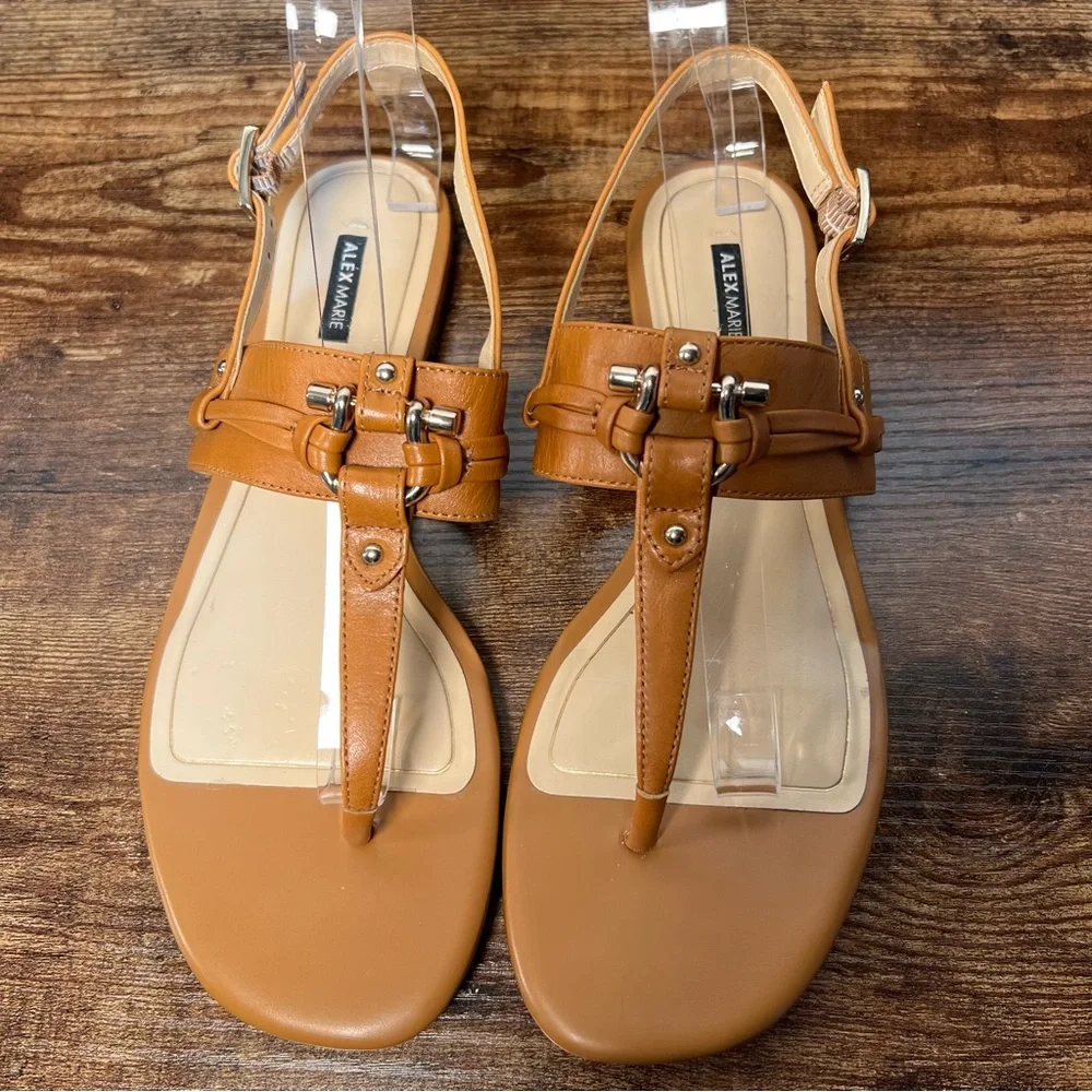 Alex Marie Tan Leather Sandals T Strap Casual Flat Metallic Buckle Women's 8